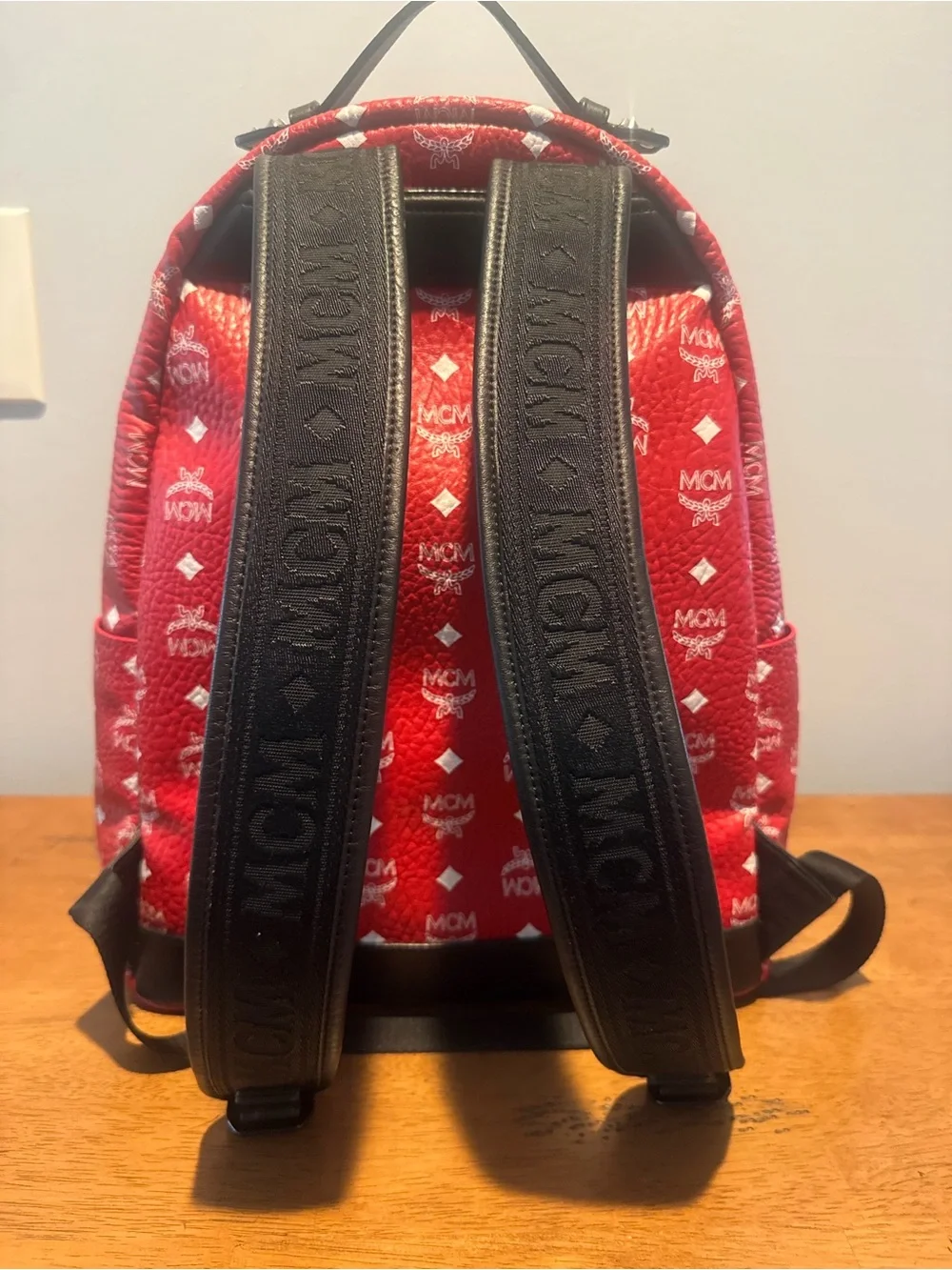 MCM Red Logo Monogram Backpack